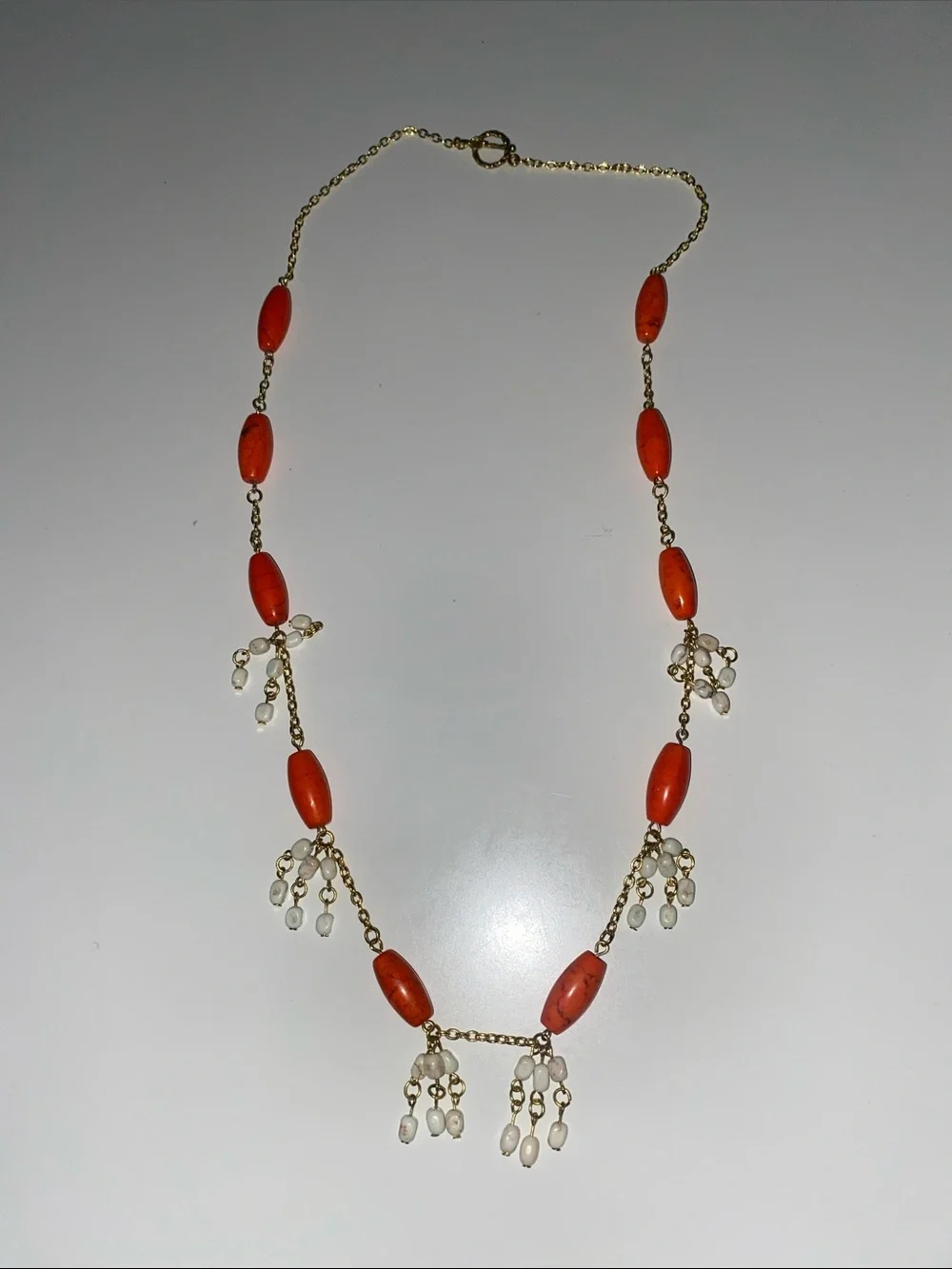 Gold Chain Necklace with Orange Beads and Pearl Dangles